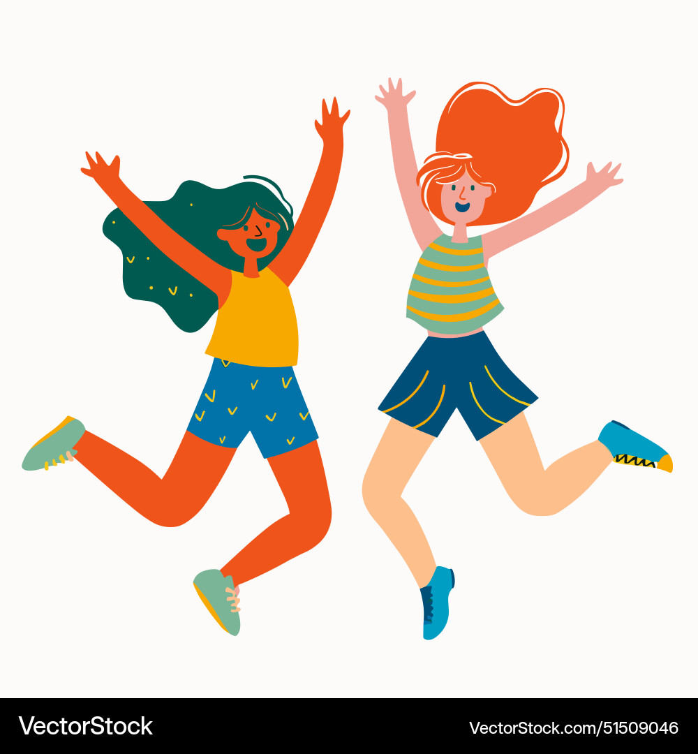 Two happy children jumping joyfully cartoon style Two happy children jumping joyfully cartoon style Vector Image