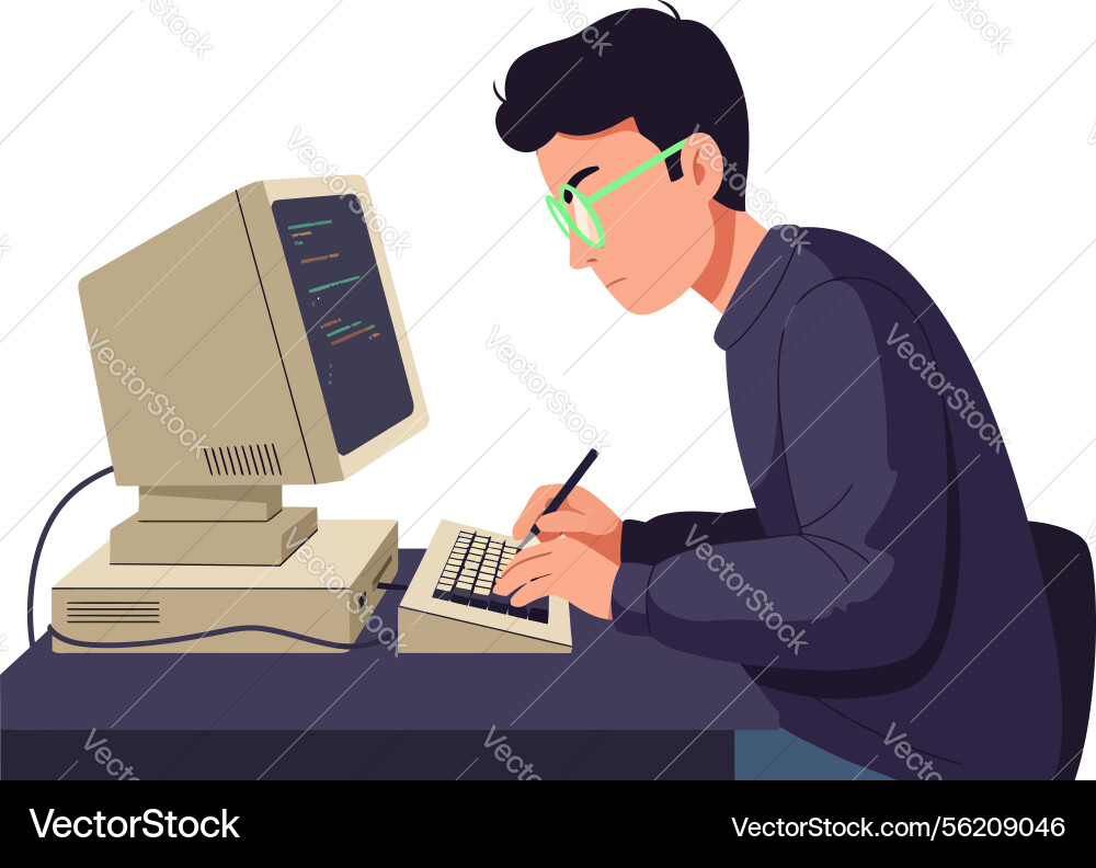 Young man coding on an old computer with glasses Young man coding on an old computer with glasses vector image