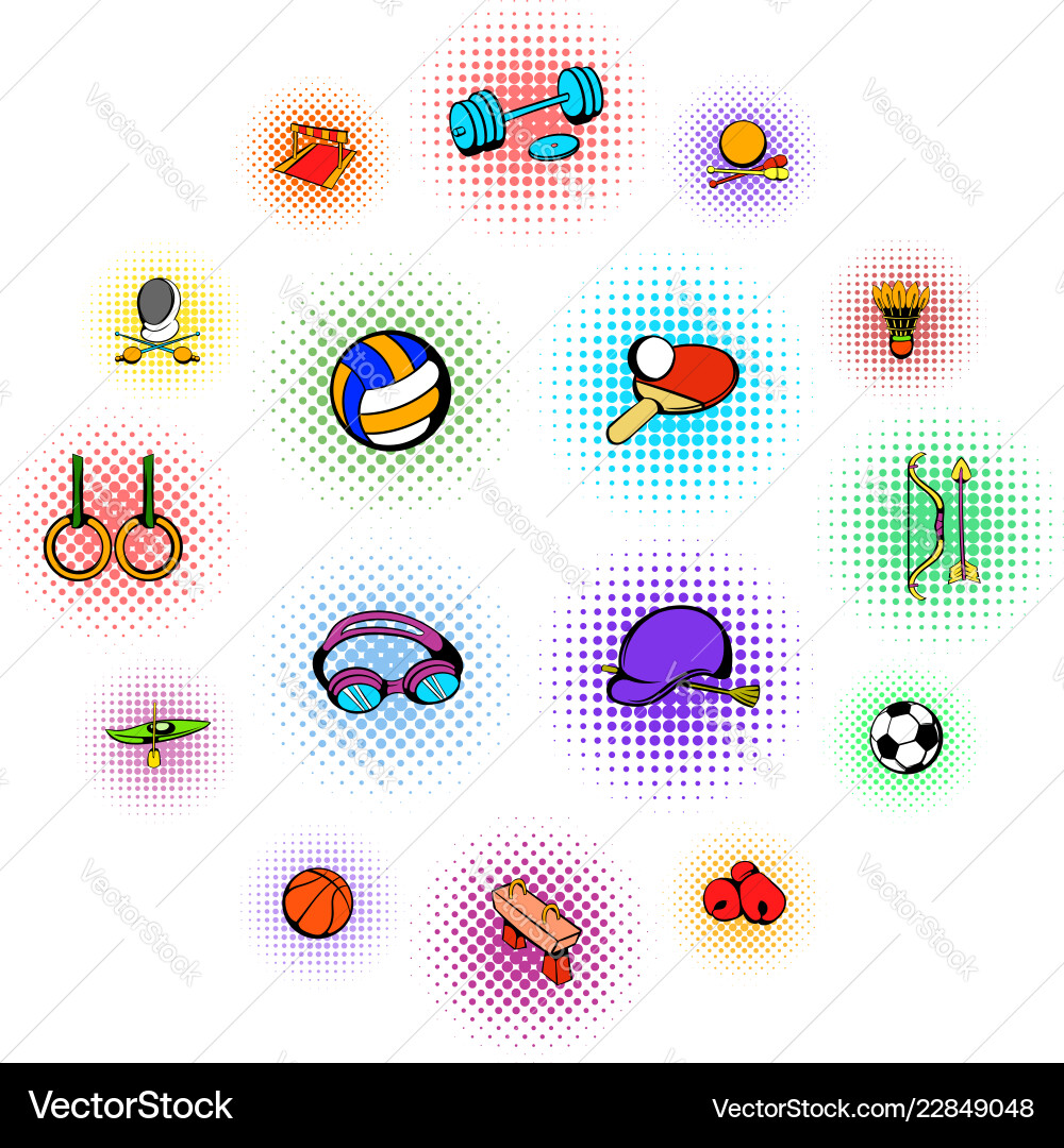 Sportausrüstung Icons setzen Comics-Stil Sportausrüstung Icons setzen Comics-Stil vektorbild