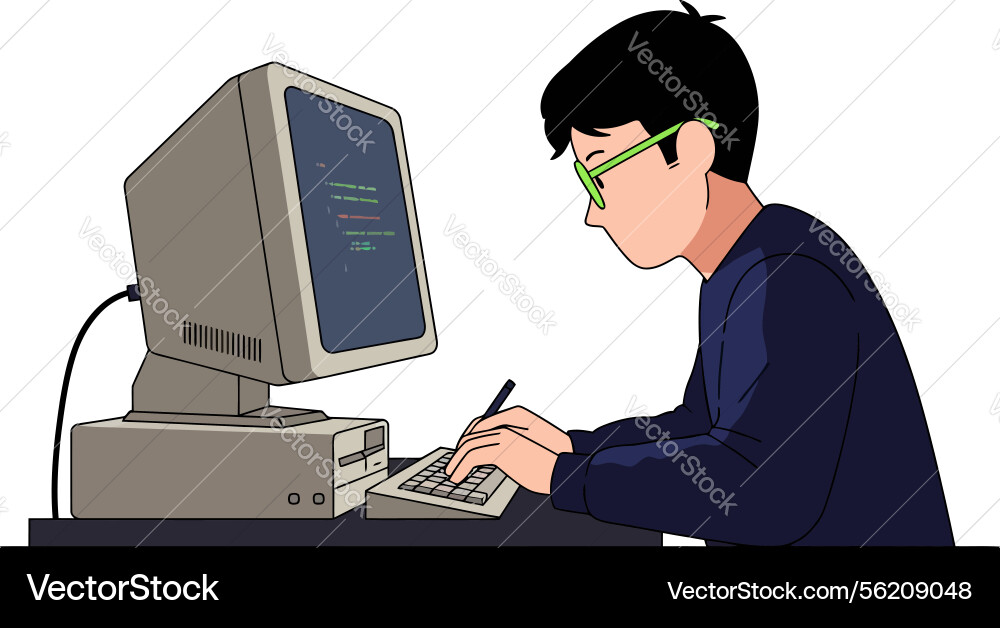 Young man focused on coding at retro computer Young man focused on coding at retro computer vector image