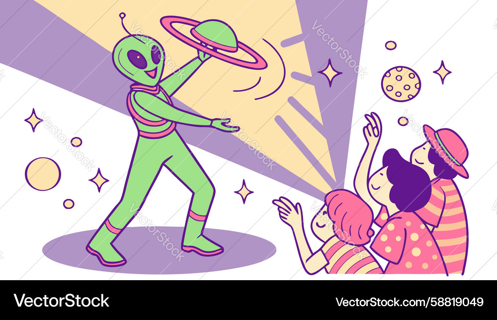 Alien performing magic with floating objects Vector Image