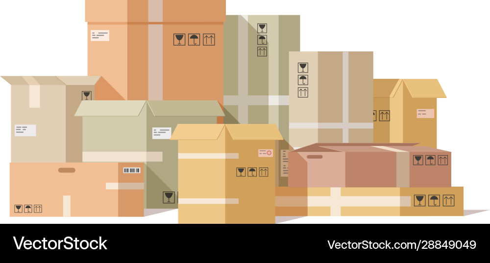 Cardboard boxes stacked carton box pile fragile vector image