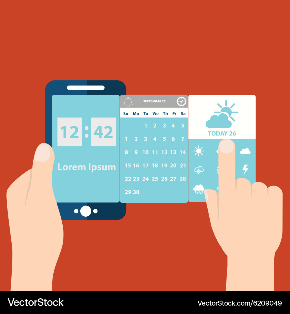 Hands holding mobile with time and date Vector Image