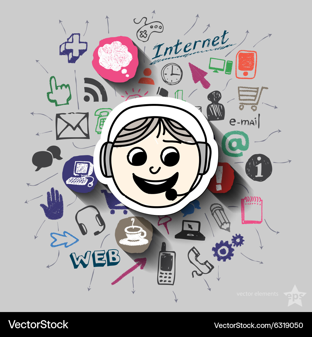 Operator and collage with web icons background Vector Image