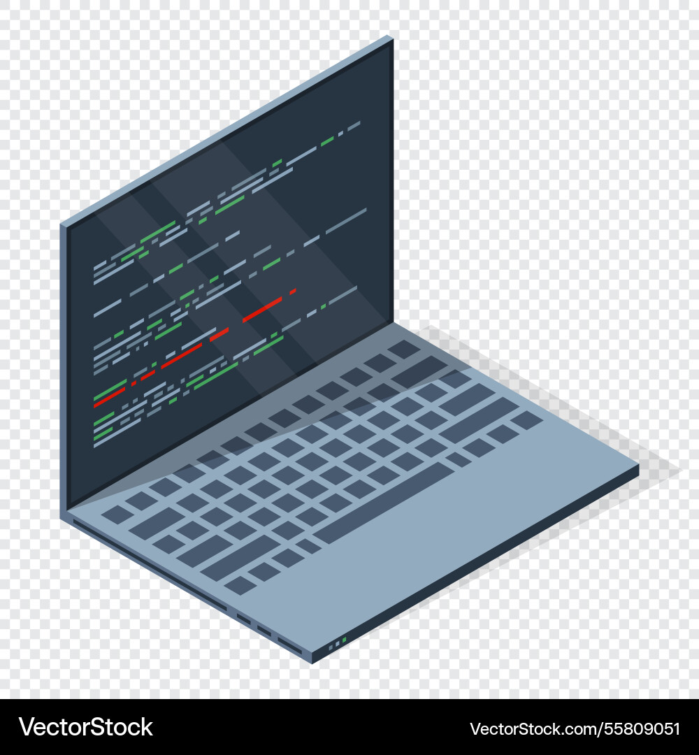 Isometric laptop with program code on screen Isometric laptop with program code on screen Vector Image
