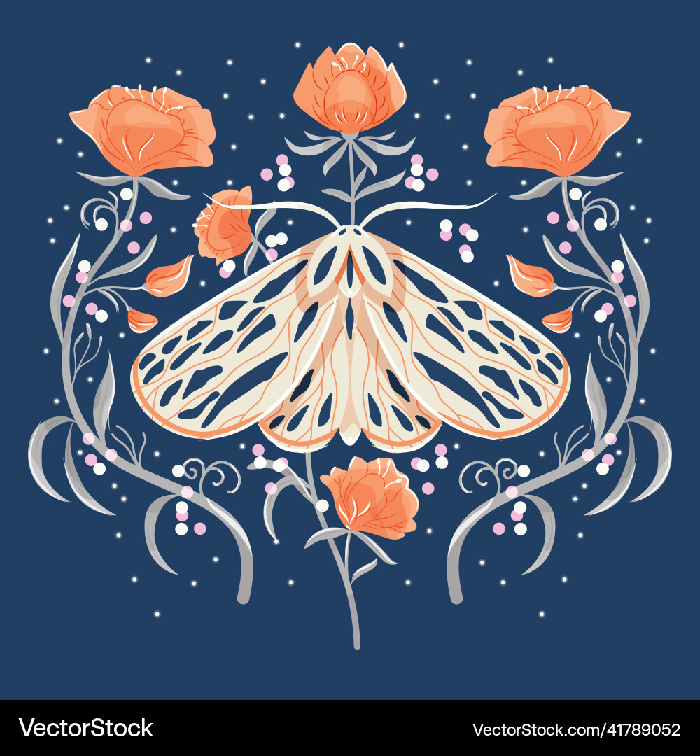 Moth and floral motifs pattern design in symmetry Moth and floral motifs pattern design in symmetry Vector Image