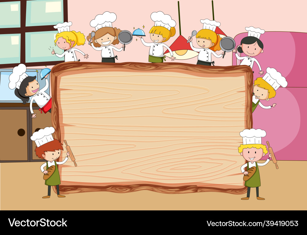 Empty wooden in kitchen scene with many kids Empty wooden in kitchen scene with many kids vector image
