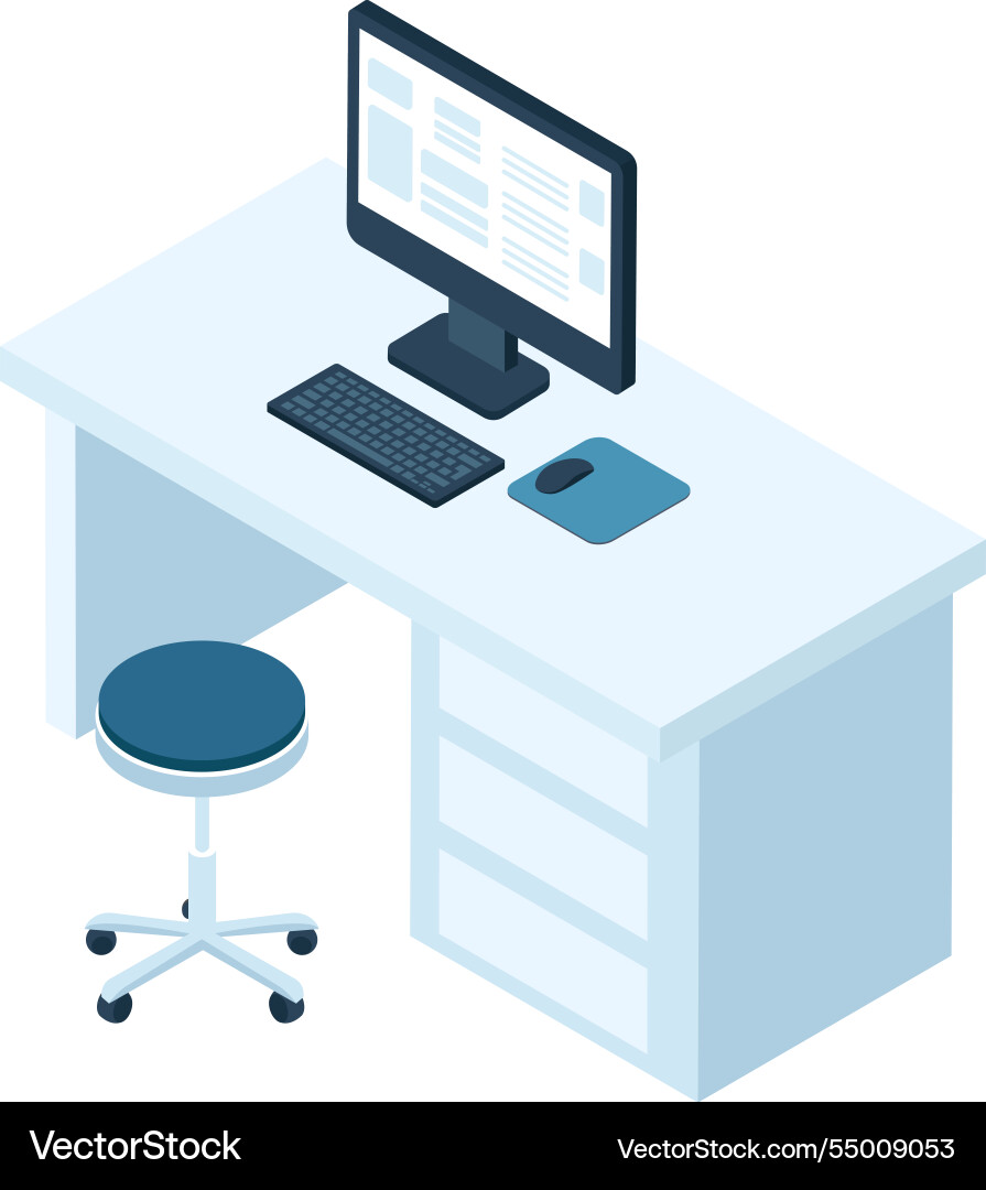 Isometric view of a workspace featuring computer Isometric view of a workspace featuring computer vector image