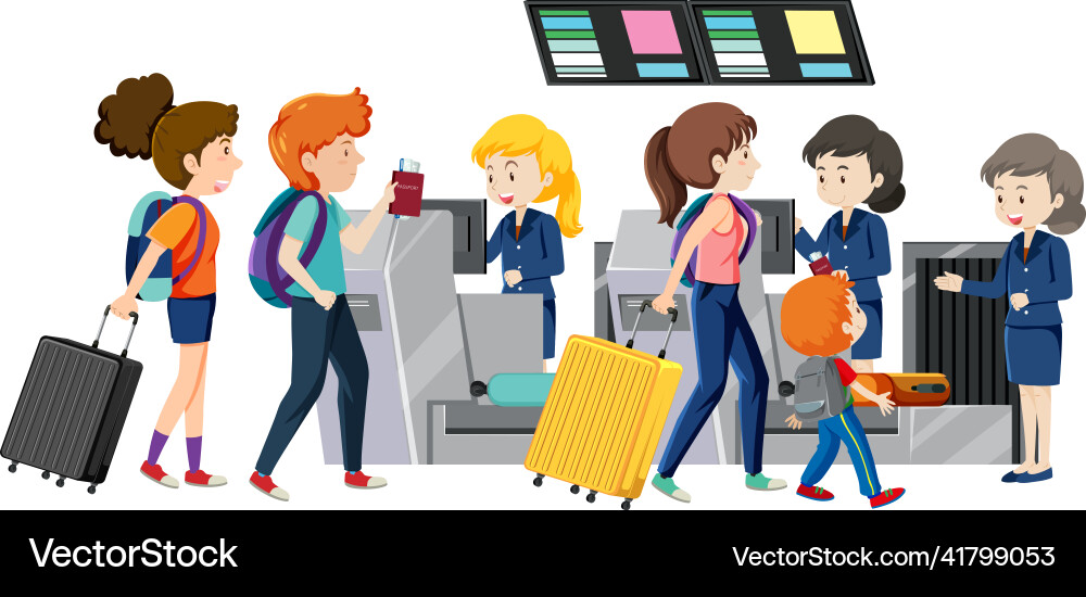 Passengers at check-in counter with service staffs Passengers at check-in counter with service staffs vector image