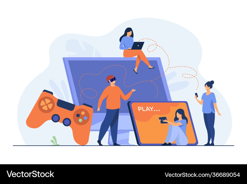 Gamers using different devices and playing vector image