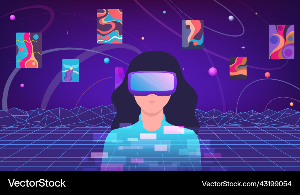 Woman in vr glasses connected to the virtual Woman in vr glasses connected to the virtual vector image