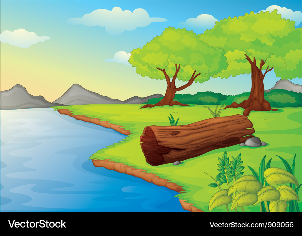 Lakeside Log and Trees Vector Image