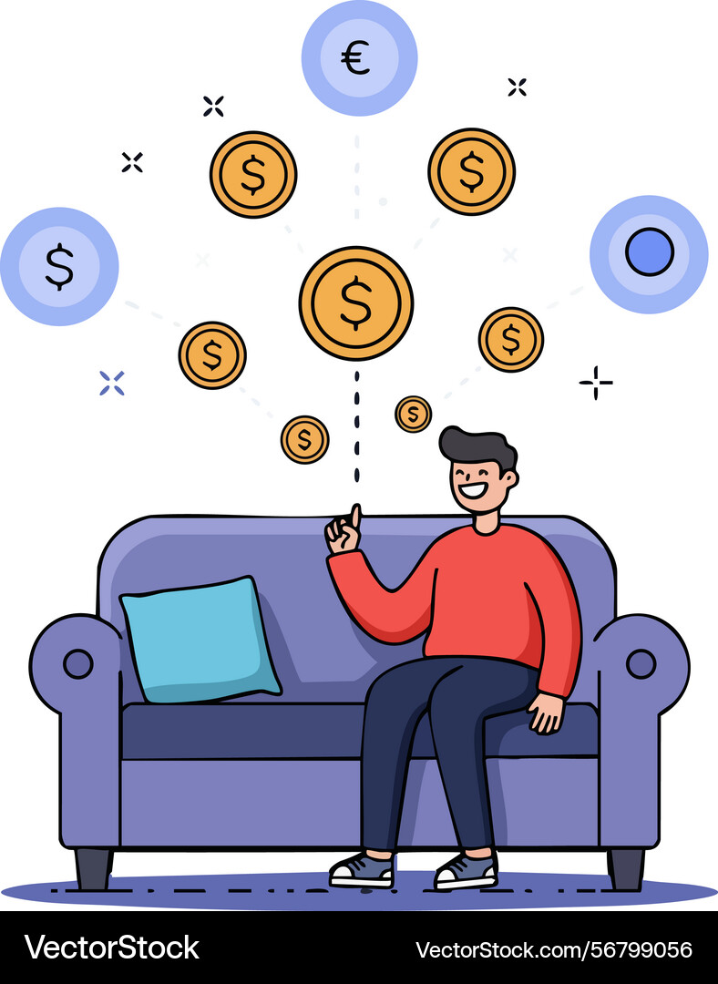 Man sitting on sofa with floating currency coins vector image