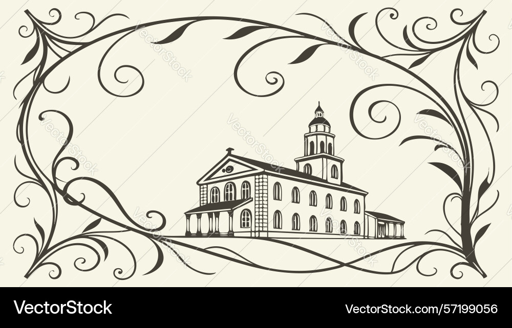 Ornate frame with classical building and scrolls vector image