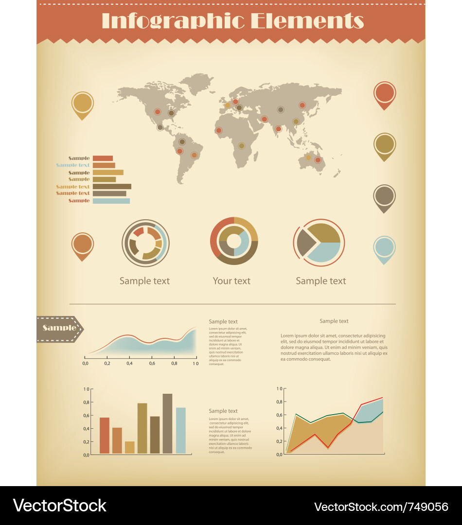 World Map Elements - Retro Style Vector Image