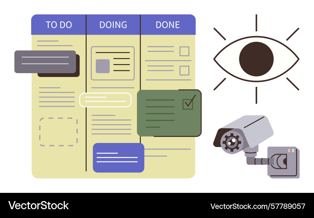 Task management board with security camera and eye Task management board with security camera and eye vector image