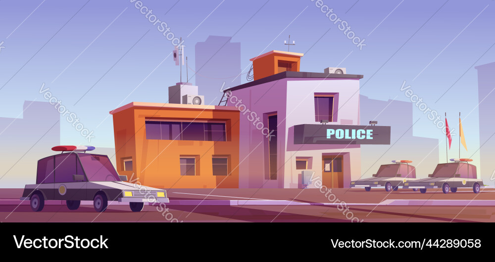 Cartoon police station building with patrol cars Cartoon police station building with patrol cars vector image