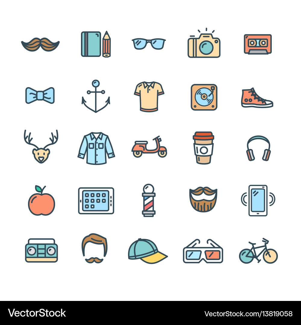 Hipster icon color thin line set vector image