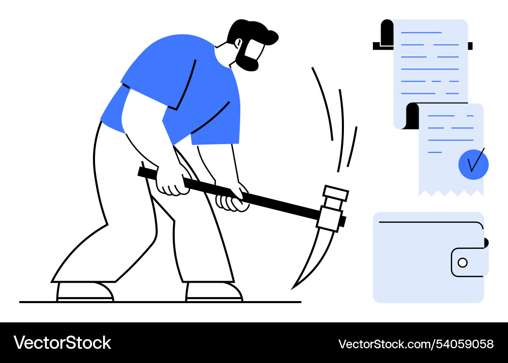 Man mining cryptocurrency with pickaxe next Man mining cryptocurrency with pickaxe next vector image