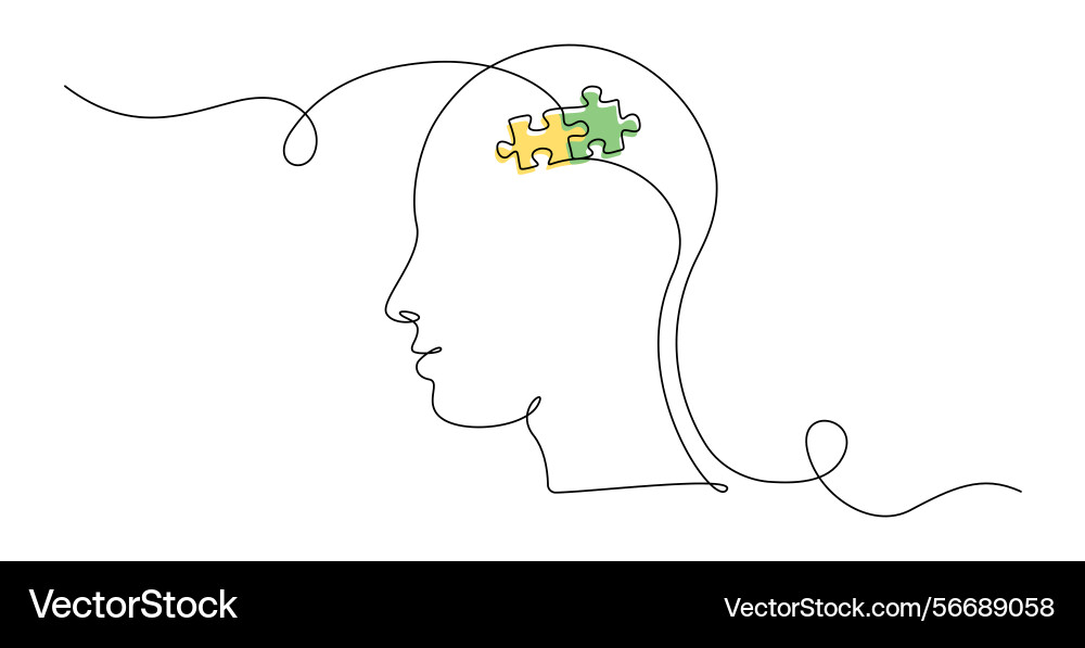 One continuous line drawing of head with puzzle vector image