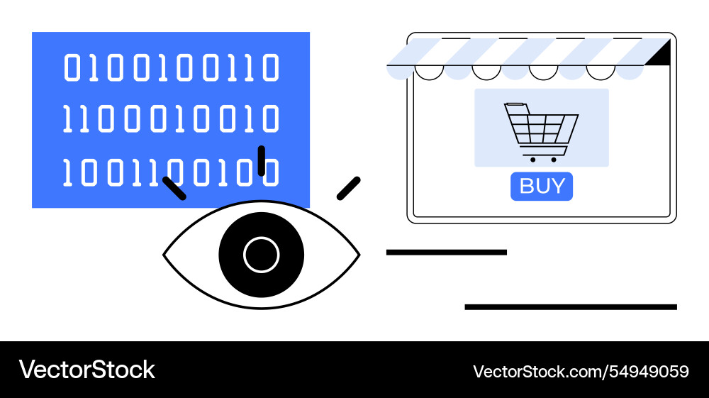 Eye observing binary code and online shopping cart Eye observing binary code and online shopping cart vector image
