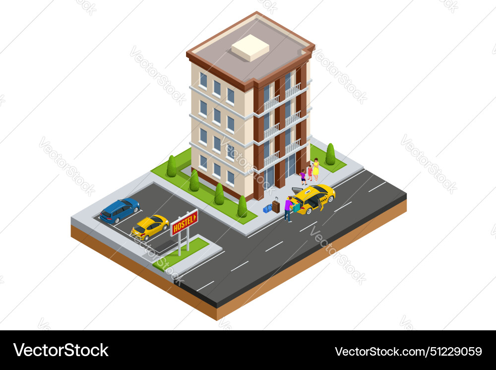 Isometric public hotel building exterior online Isometric public hotel building exterior online Vector Image