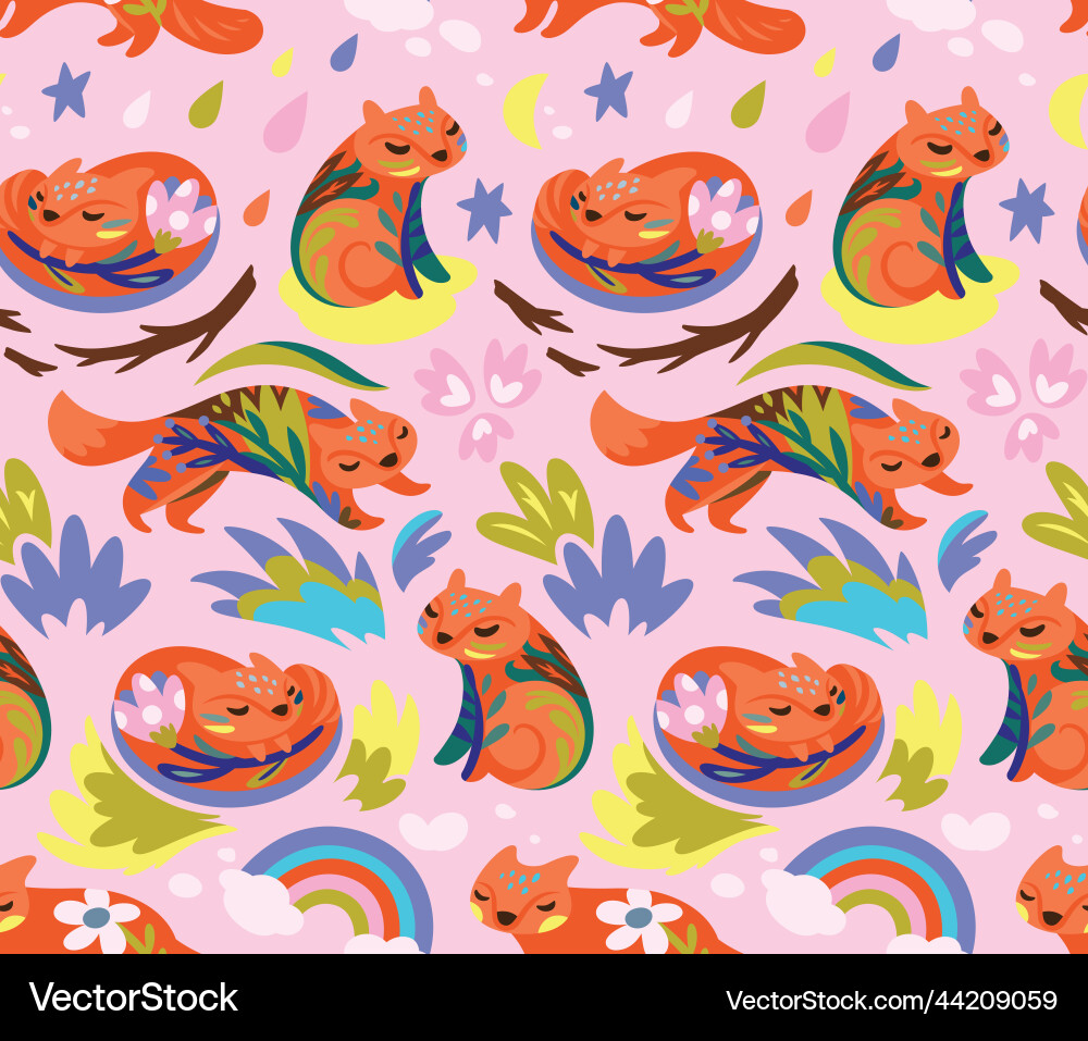 Seamless pattern with gentle foxes and floral vector image