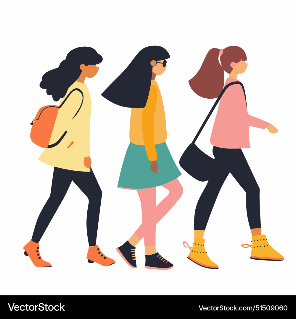 Drei junge Frauen gehen Seite Freizeitmode Drei junge Frauen gehen Seite Freizeitmode vektorbild