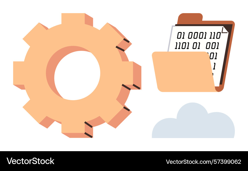 Gear with folder containing binary code above vector image
