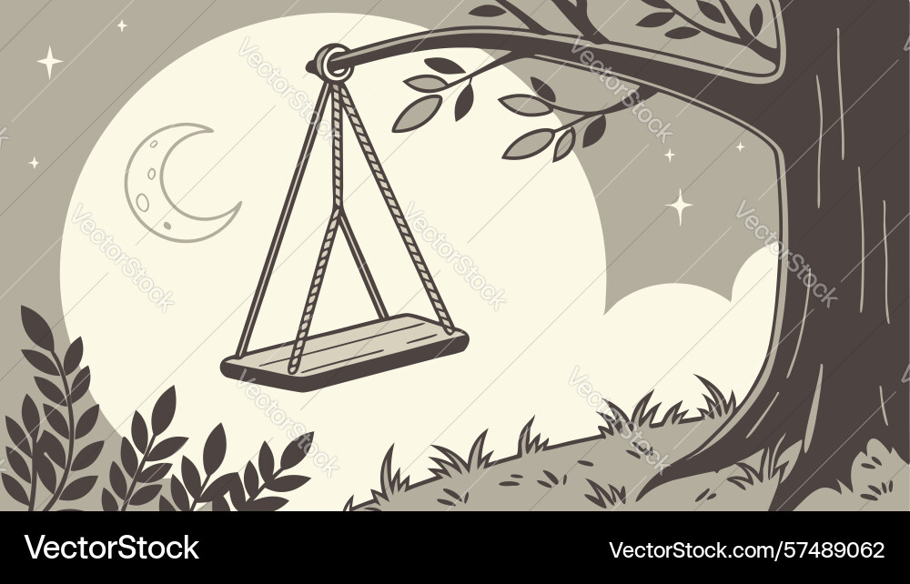 Rustic swing hanging from a tree branch under Vector Image