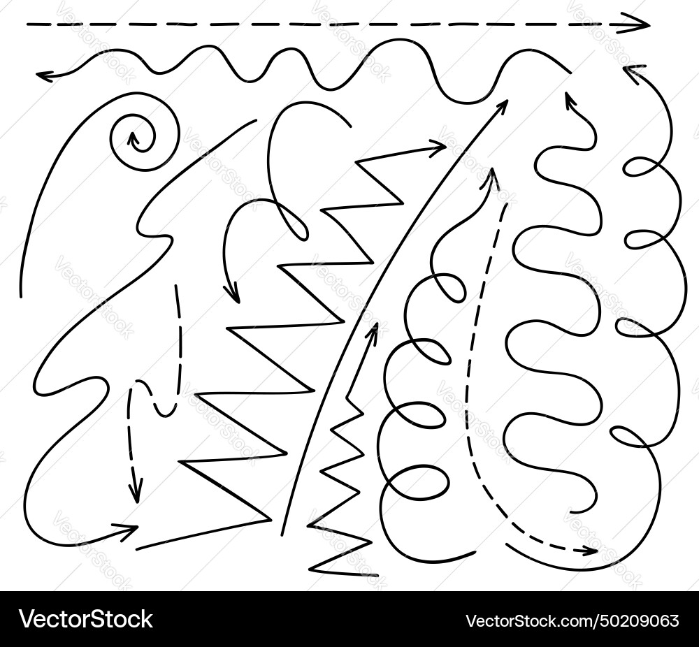 Doodle straight long arrows curve line pointers Doodle straight long arrows curve line pointers vector image
