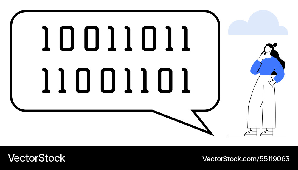 Woman contemplating binary code in speech bubble Woman contemplating binary code in speech bubble vector image