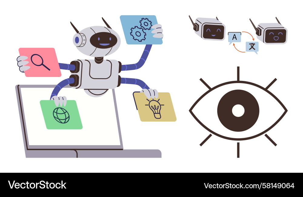 AI Robot Multitasking with Digital Tools Vector Image