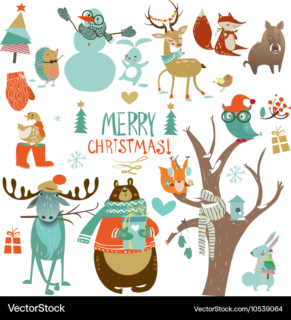 Cute Winter Animals Christmas Set Vector Image