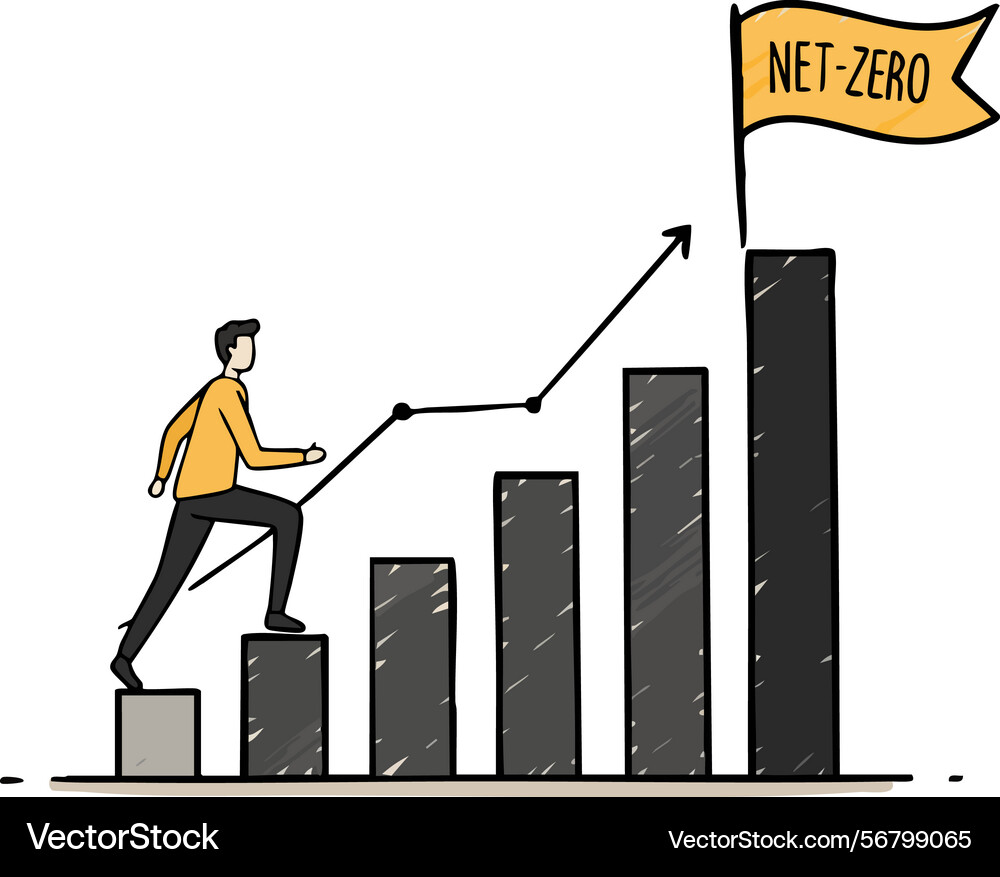 Man climbing bar chart towards net zero flag Man climbing bar chart towards net zero flag vector image