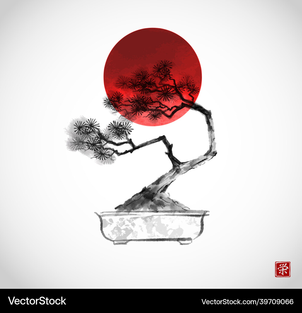 Bonsai pine tree and big red sun hand drawn Bonsai pine tree and big red sun hand drawn vector image