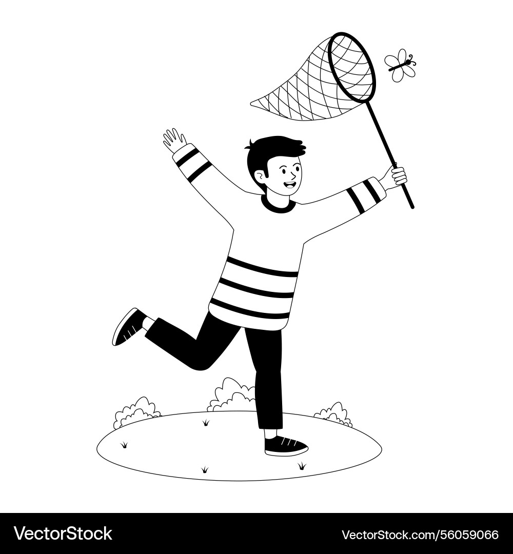 Child joyfully chasing a butterfly with net Child joyfully chasing a butterfly with net vector image