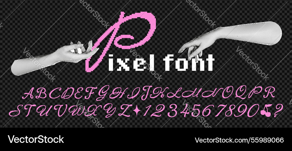 Pixel pink font set in 8-bit retro style Pixel pink font set in 8-bit retro style vector image