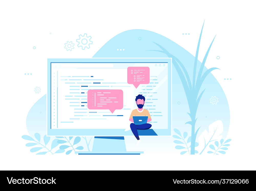Programmer specialist sitting on big computer vector image