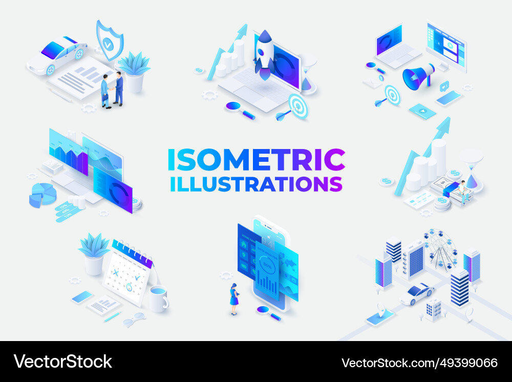 Set of isometric with characters vector image