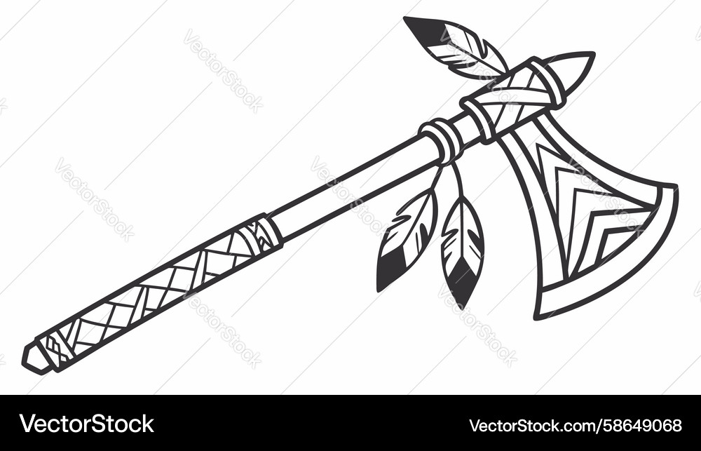 Decorative axe with patterned handle and feathers Vector Image