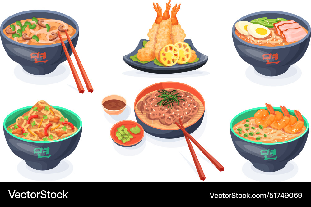 Japanese noodles bowls set asian korean chinese Japanese noodles bowls set asian korean chinese Vector Image