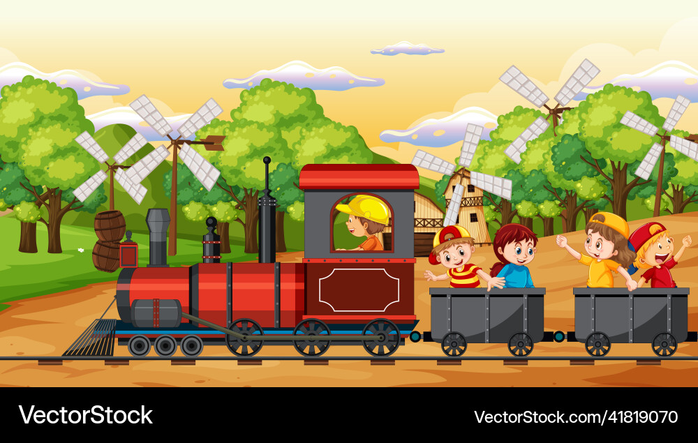 A kids in train with natural scene vector image