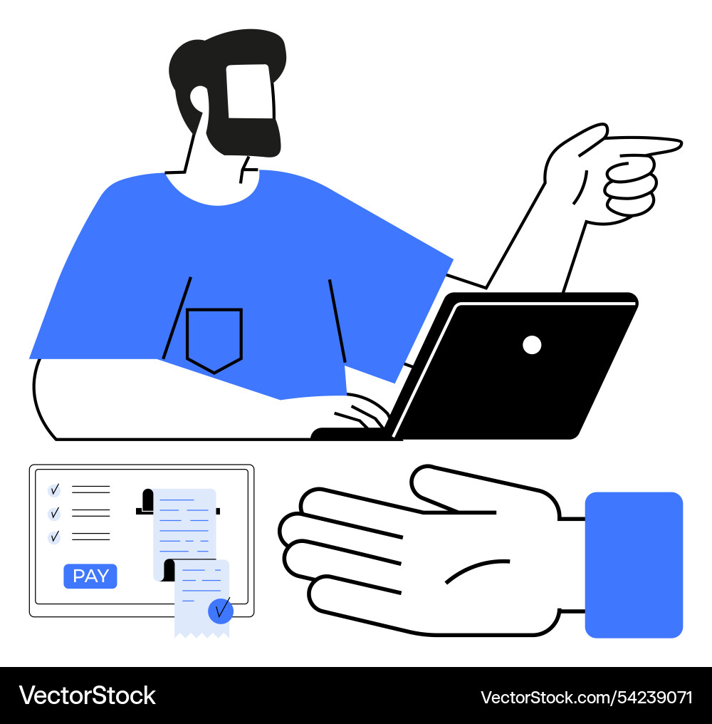 Man using laptop with pointing gesture payment vector image