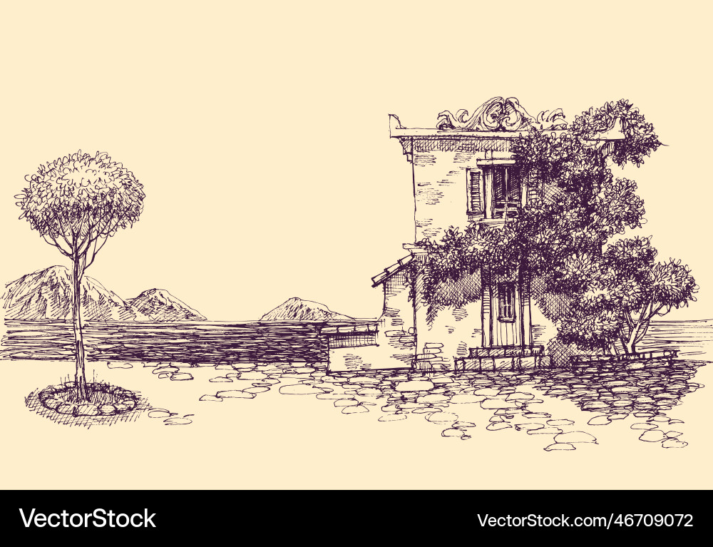Ivy covered house on sea shore mountains Ivy covered house on sea shore mountains vector image