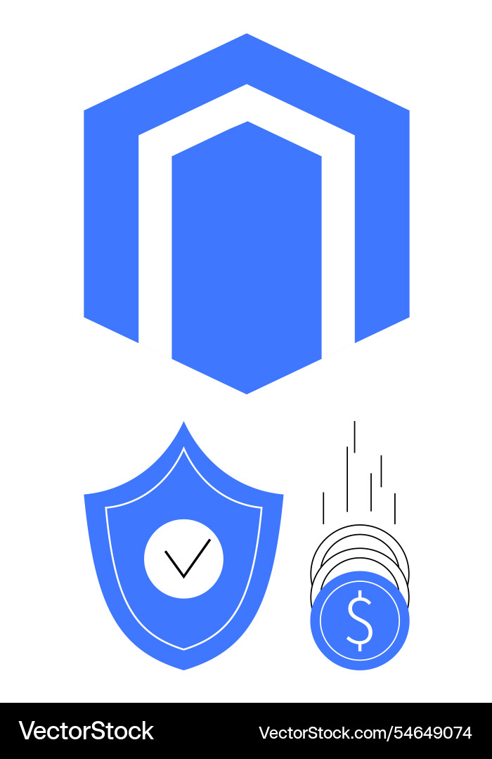 Digital shield with checkmark and falling coins Digital shield with checkmark and falling coins vector image