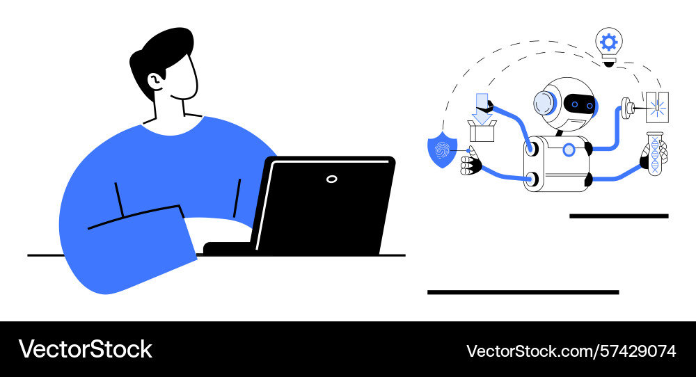 Man working on laptop while robot performs Man working on laptop while robot performs vector image