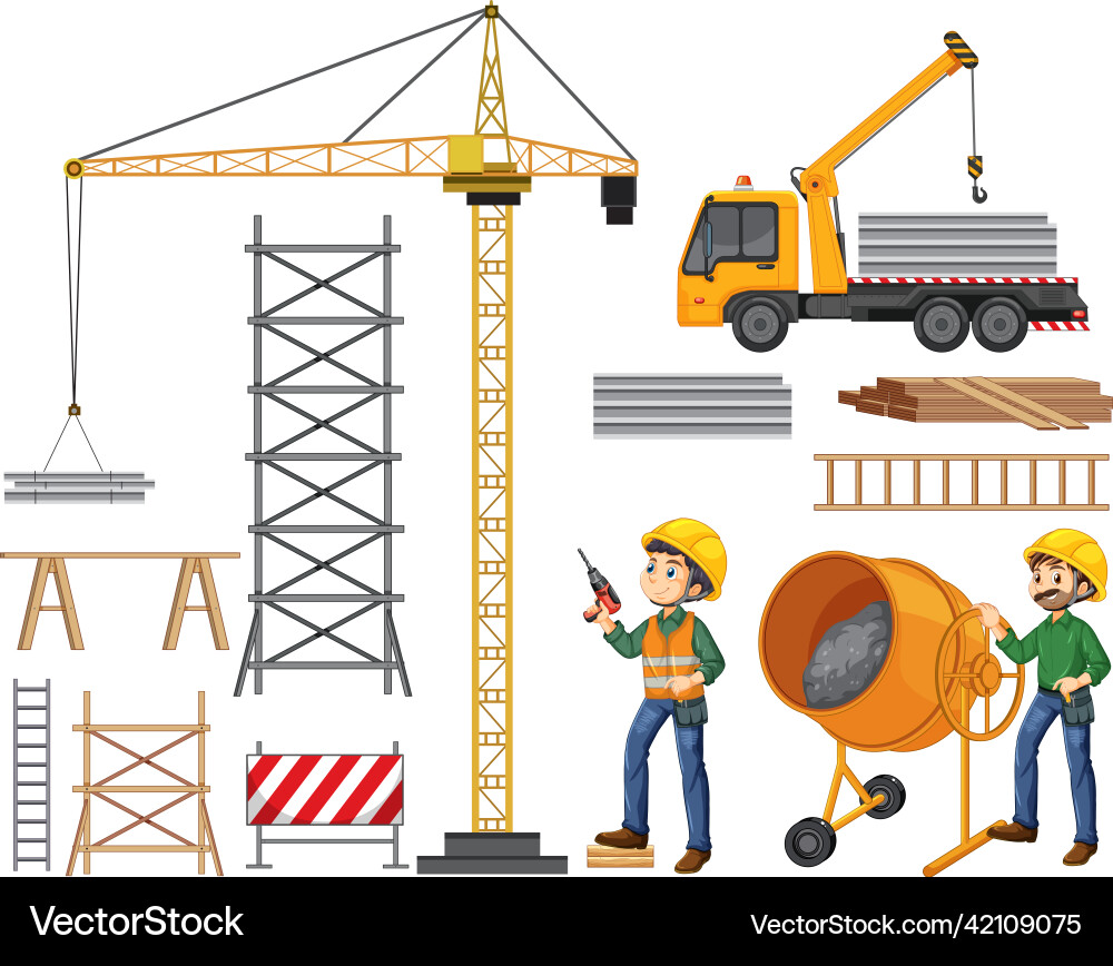 Set of construction site objects and workers vector image