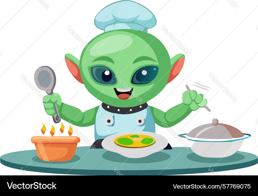 Smiling alien chef with serving spoon character Vector Image