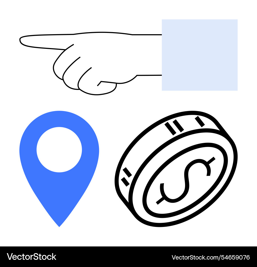 Hand pointing with dollar coin and location pin Hand pointing with dollar coin and location pin Vector Image